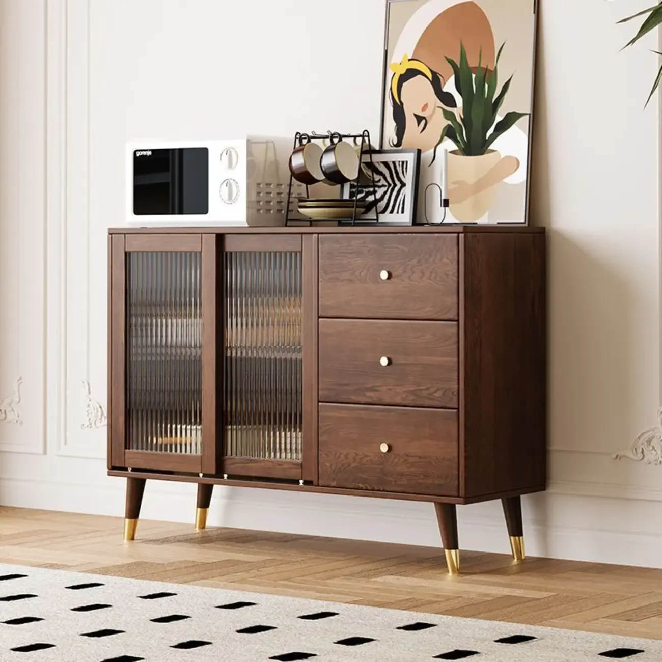 Brown Wood 3-Drawer Glass Sliding Doors Buffet Cabinet