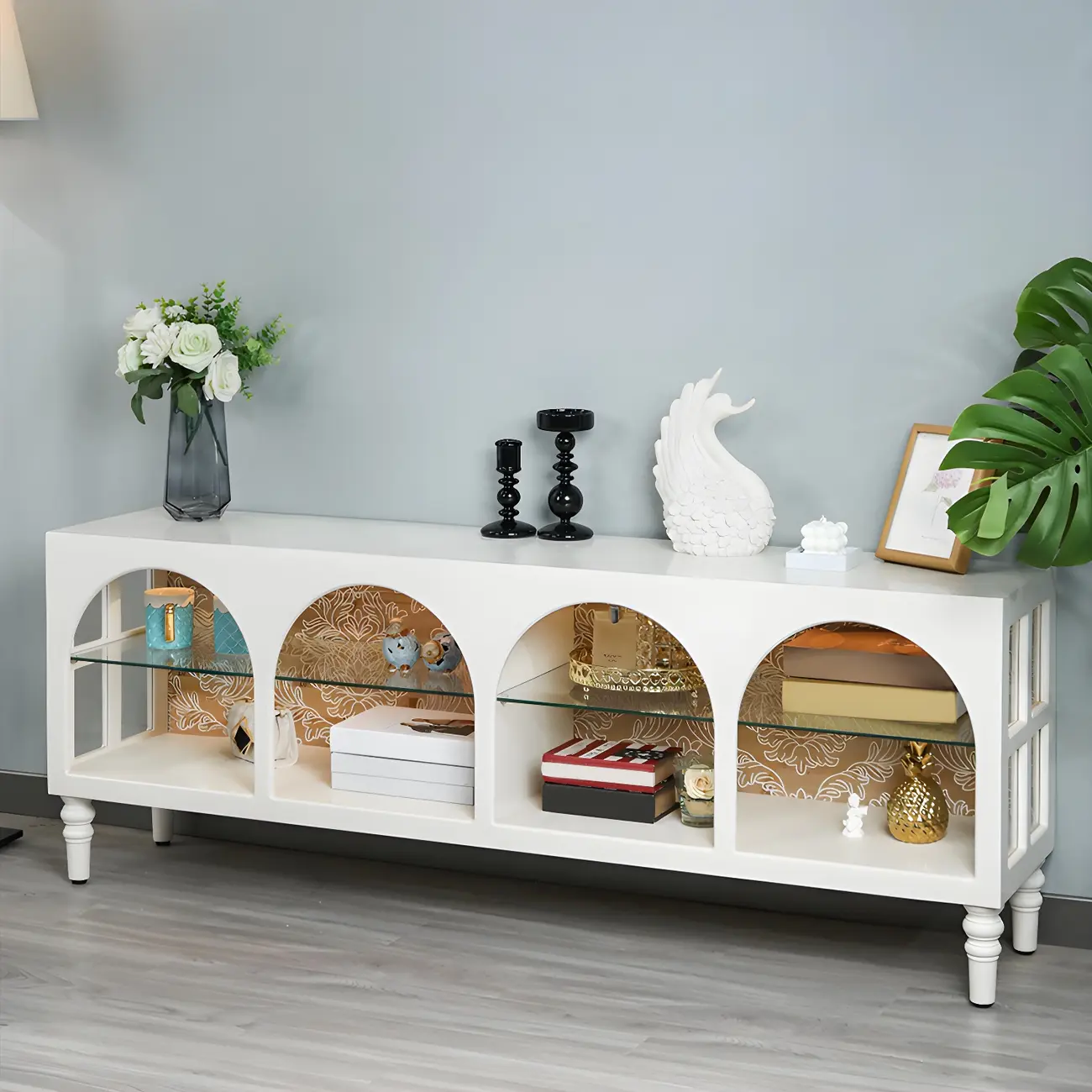 Rectangular White Wood Glass Shelf Display Cabinet