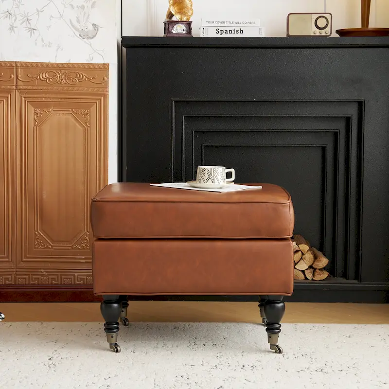 Brown Classic Square PU Leather Ottoman with Wood Legs & Casters, 1-Person