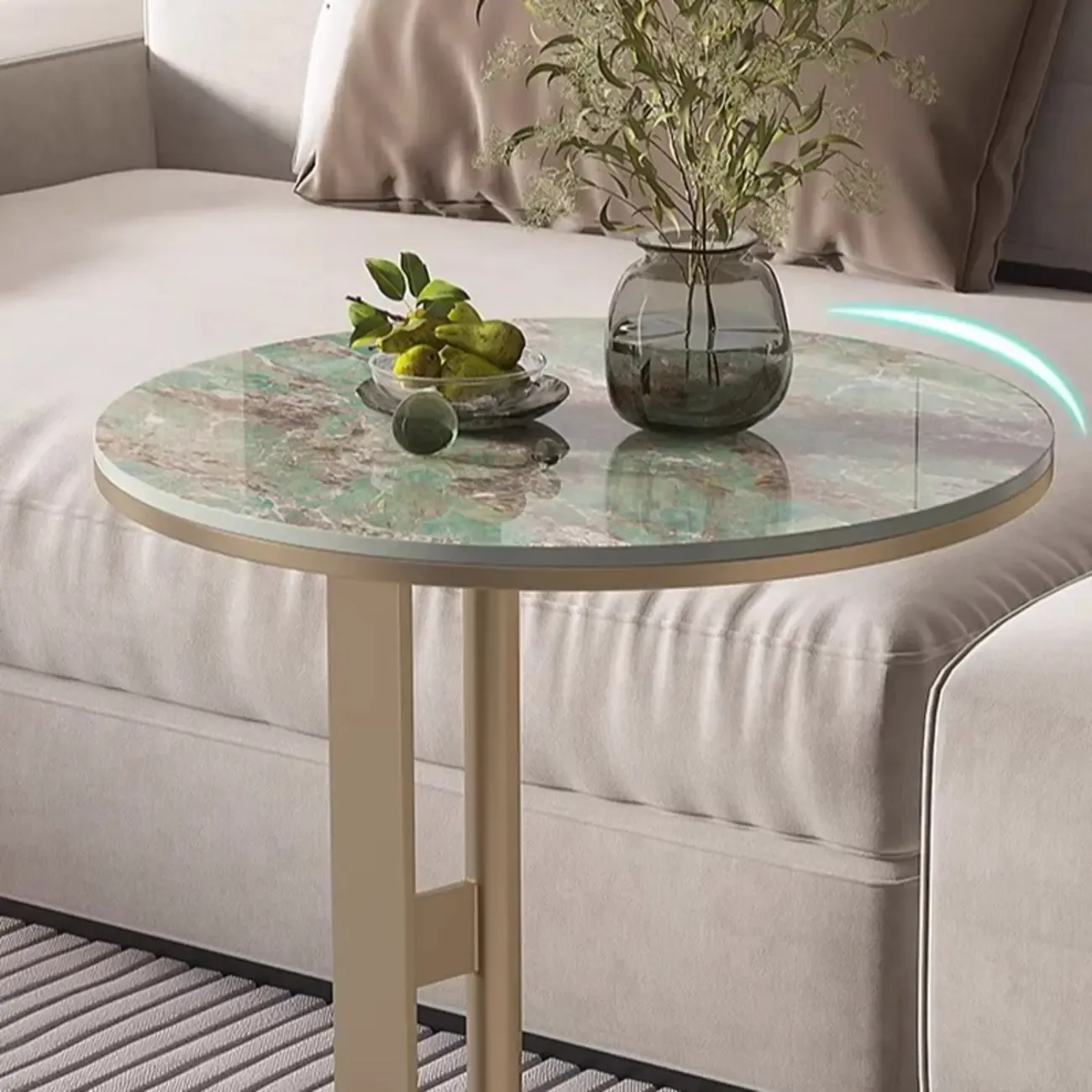 Modern C Shaped Round Sintered Stone Top Steel End Table