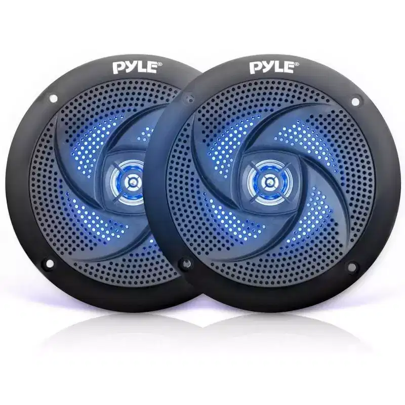 Pyle 4'' Low-Profile Waterproof Marine Speakers with Built-in Blue LED Lights, 100 Watt Max Power Output, 2-Pack