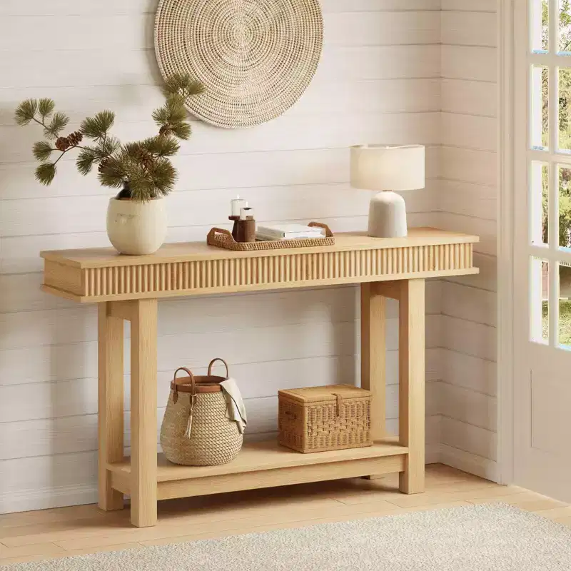 Wooden Farmhouse Console Table  Fluted 2-Tier Design with Shelf, Narrow for Entryway, Hallway, Behind Sofa  Natural Wood