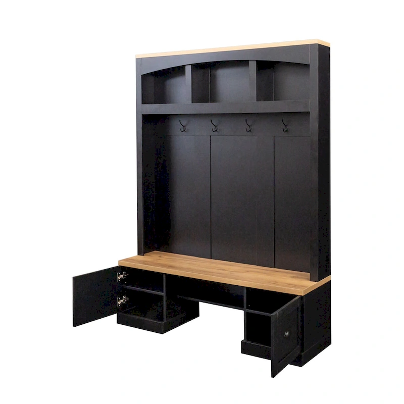 Farmhouse Hall Tree with Wood Grain Bench, Hooks and Bottom Cabinets