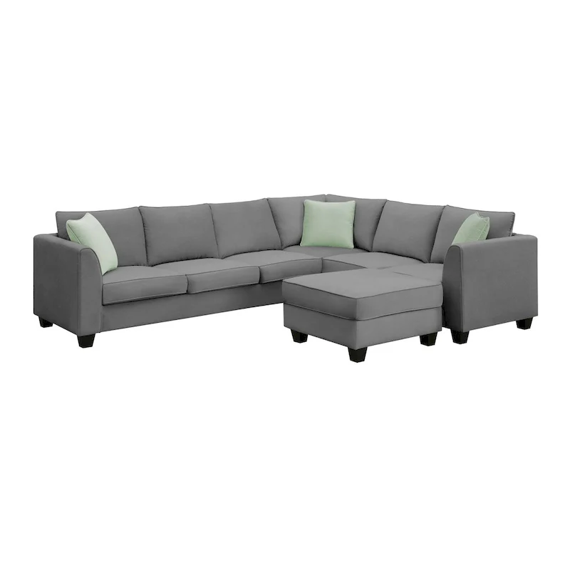 Grey/Black L-Shaped 7-Seat Sectional Sofa with Ottoman & 3 Pillows
