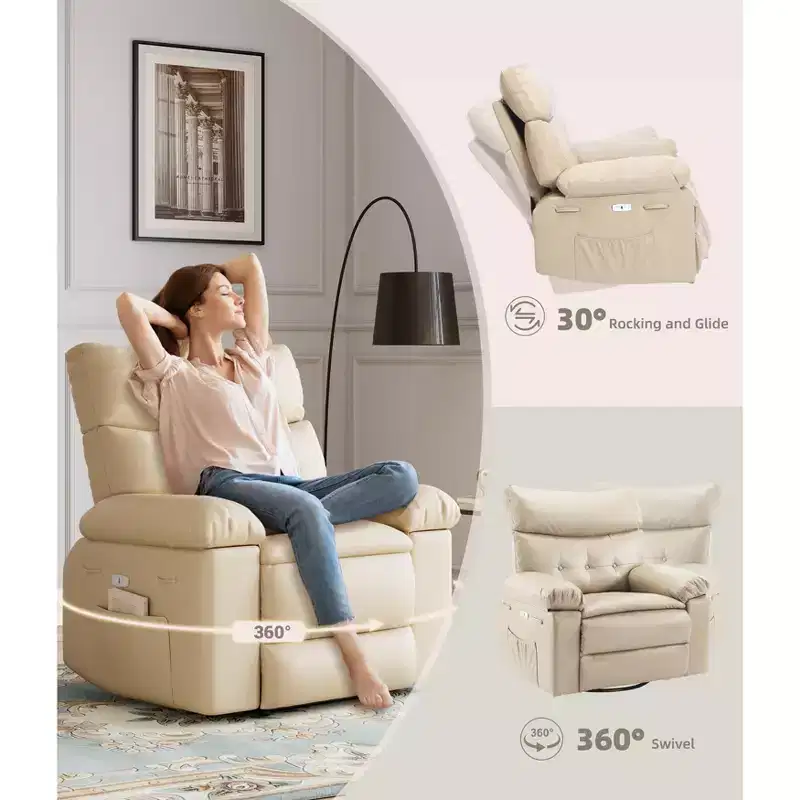 Swivel Electric Massage Chair Rocking Recliner Chair with Vibration & Heating, USB Power Glider, Overstuffed Faux Leather Lazy Sofa for Living Room