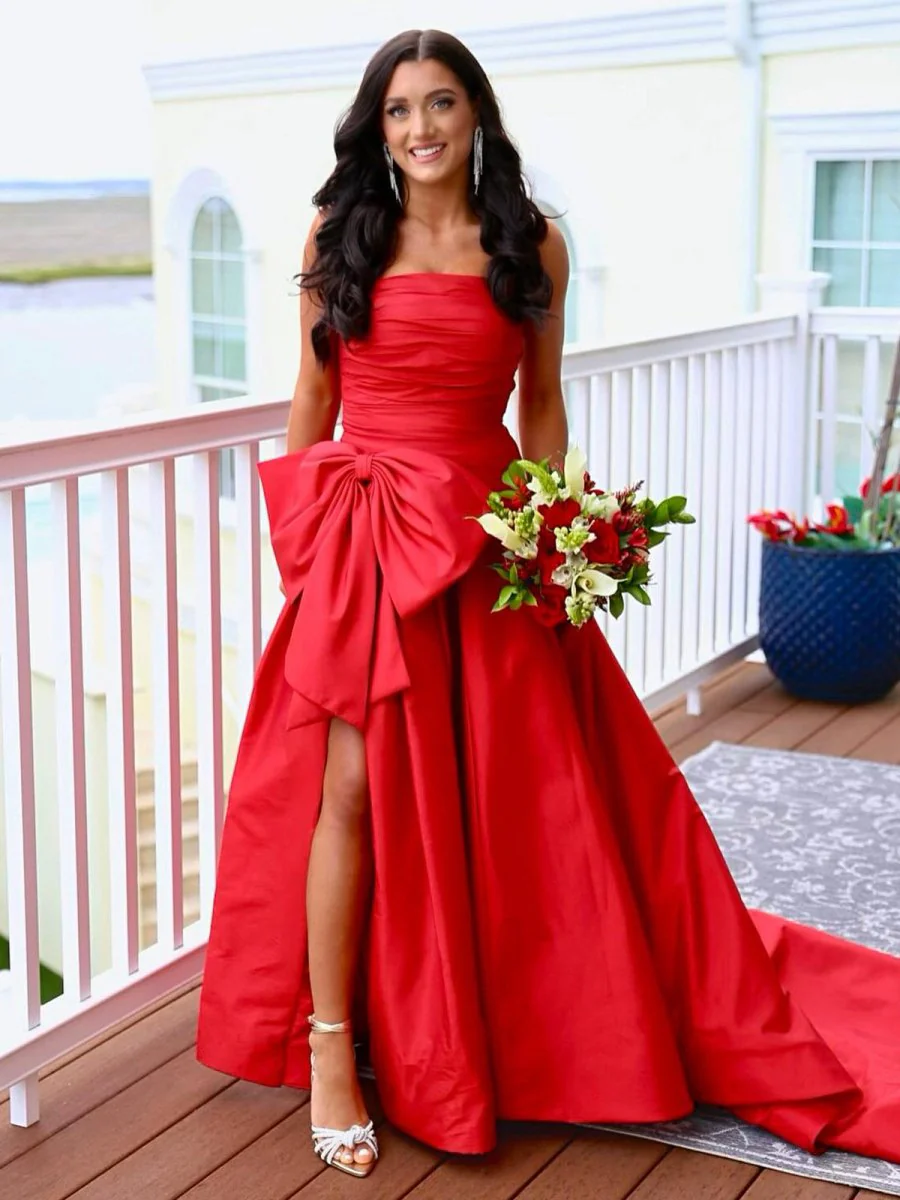 A-line Strapless Taffeta Long Prom Dress With Slit