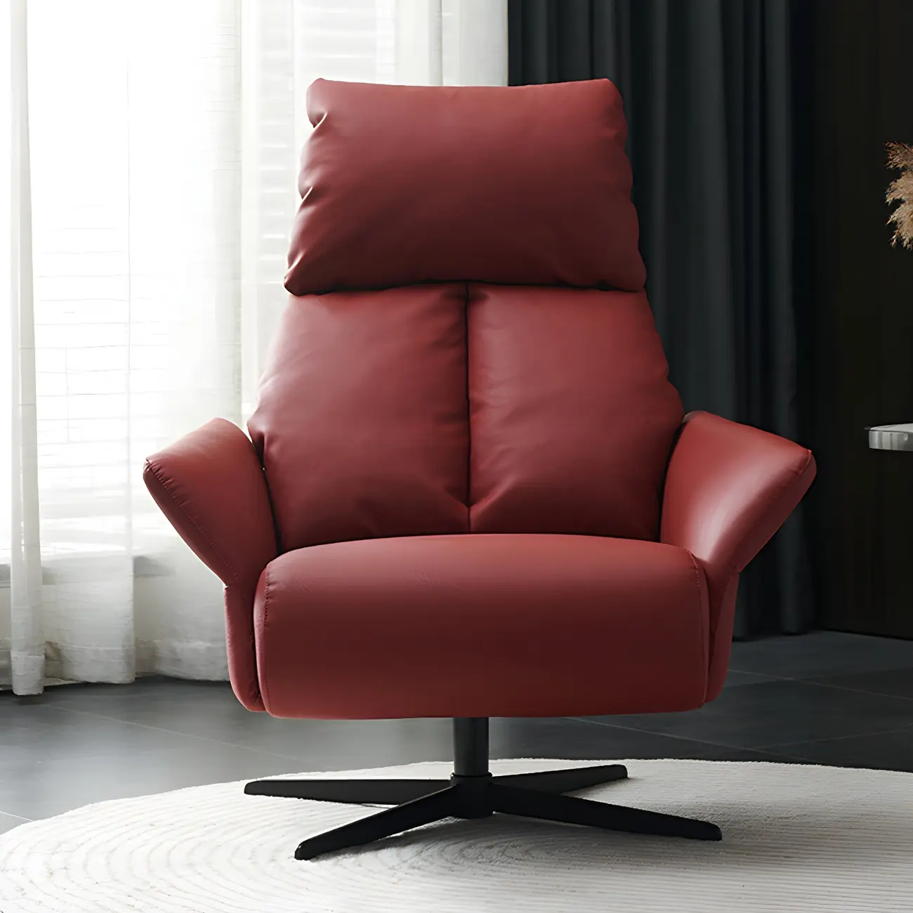 Modern Leather Swivel Chair Red with Arms Black Legs