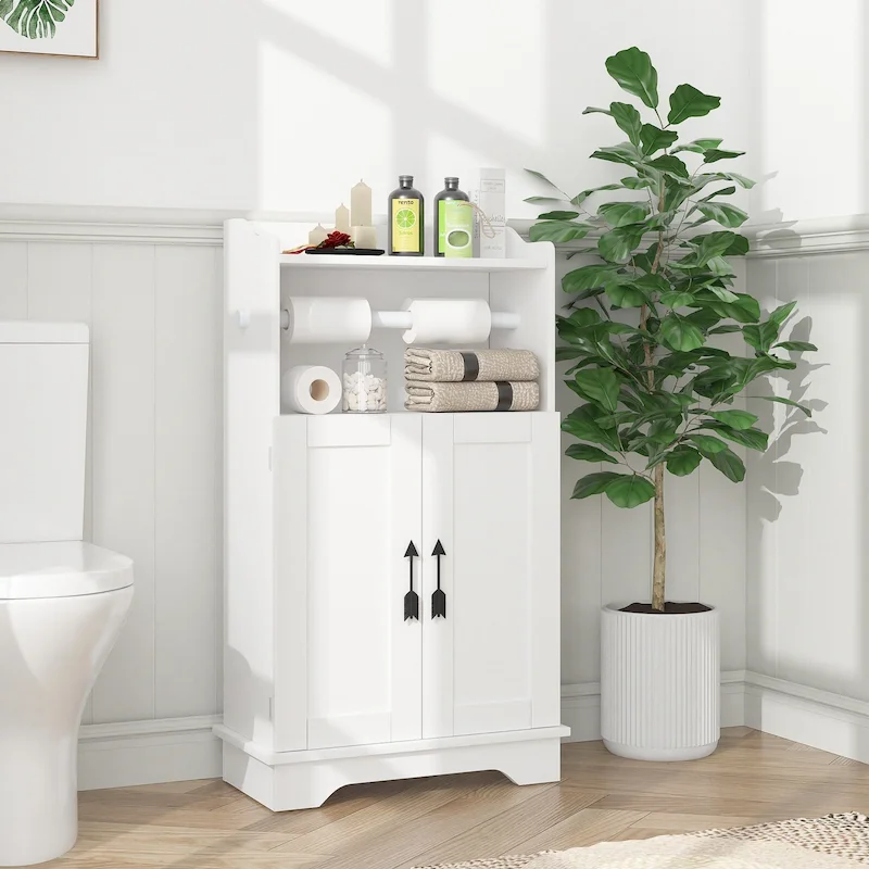 White MDF Bathroom Floor Cabinet with 2 Doors & Toilet Roll Holder