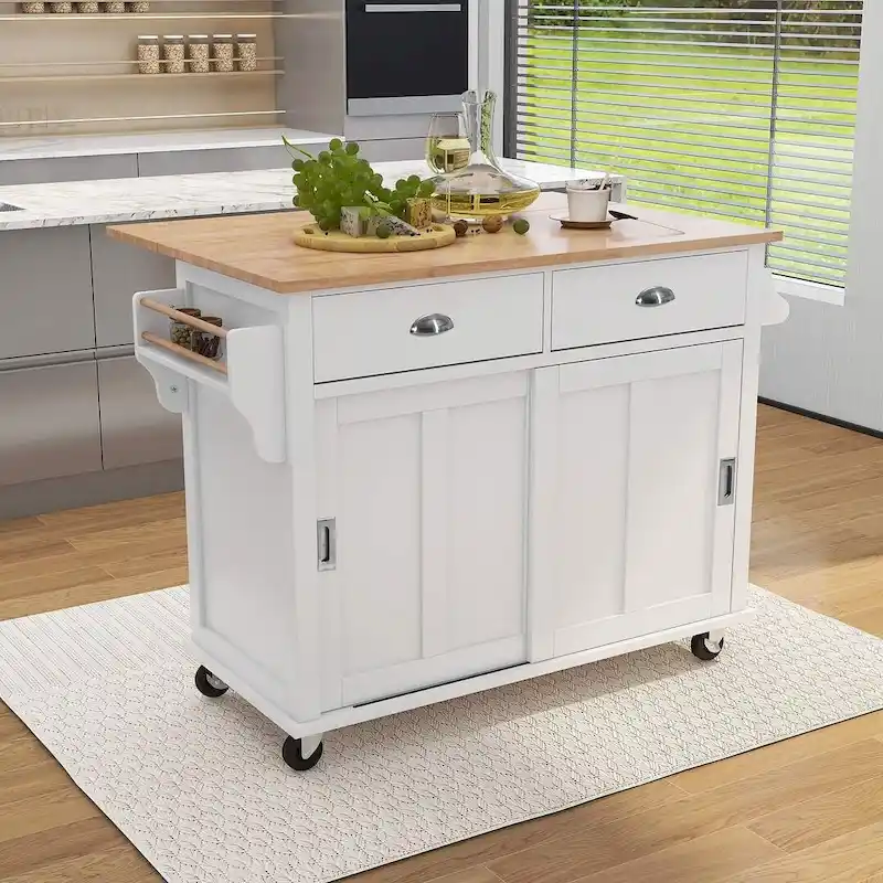 Rubberwood Folding Countertop Kitchen Cart with 2 Drawers and Storage Cabinet