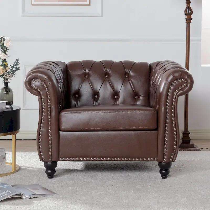Oversized Brown Faux Leather Tufted Sofa Chair - 32.09 x 38.98 x 28.35