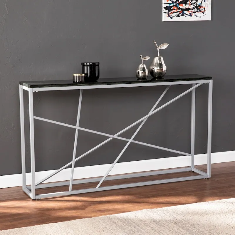 Black / Gray / Tan Faux Marble Skinny Console Table — Modern Geometric Iron Base, 1-Person Assembly