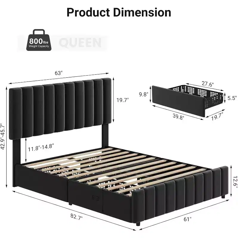 Platform Bed Frame with Elegant and Stylish Headboard, 4 Storage Drawers, No Box Spring Required, Easy Assembly, Heavy-Duty Support