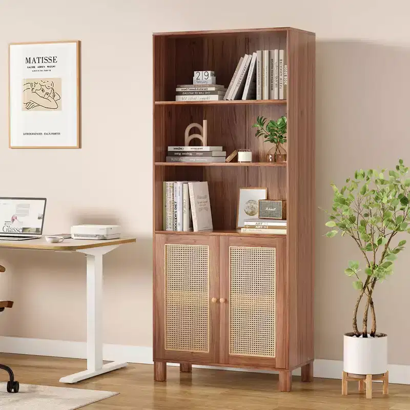 MAYEERTY Tall 5-Tier Bookcase with Rattan Doors, Wood Storage Shelves for Library Living Room Bedroom Home Office