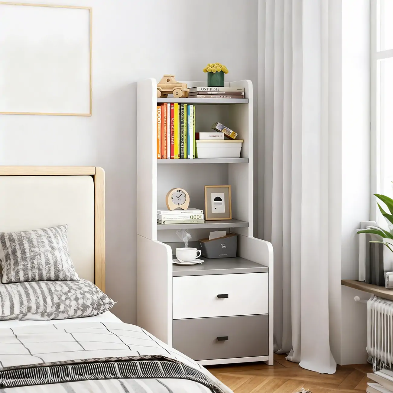 Modern Tall Wood Spacious Shelves 2-Drawer Nightstand
