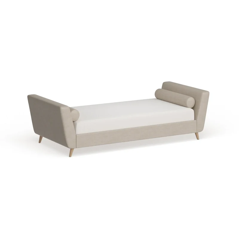 Beige/Black/Grey Linen Daybed with Bolster Pillows, Mid-Century, Single
