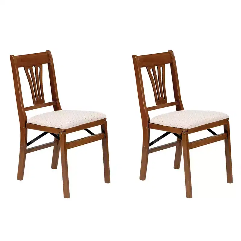 MECO Stakmore Urn Premium Solid Wood Dining Table Folding Chair Set with Fabric Padded Upholstered Seat, Fruitwood/Blush (2 Pack)