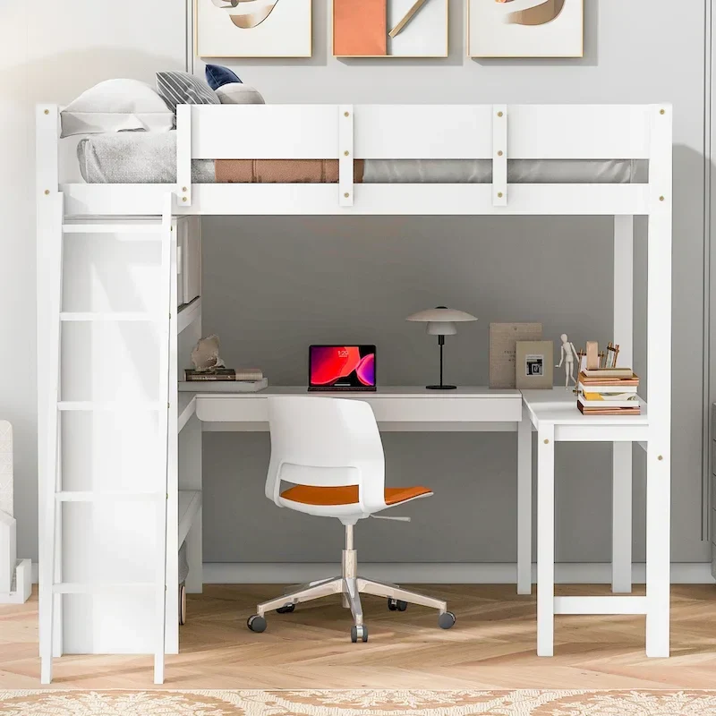 White Full Size Loft Bed with Desk & Storage Shelves