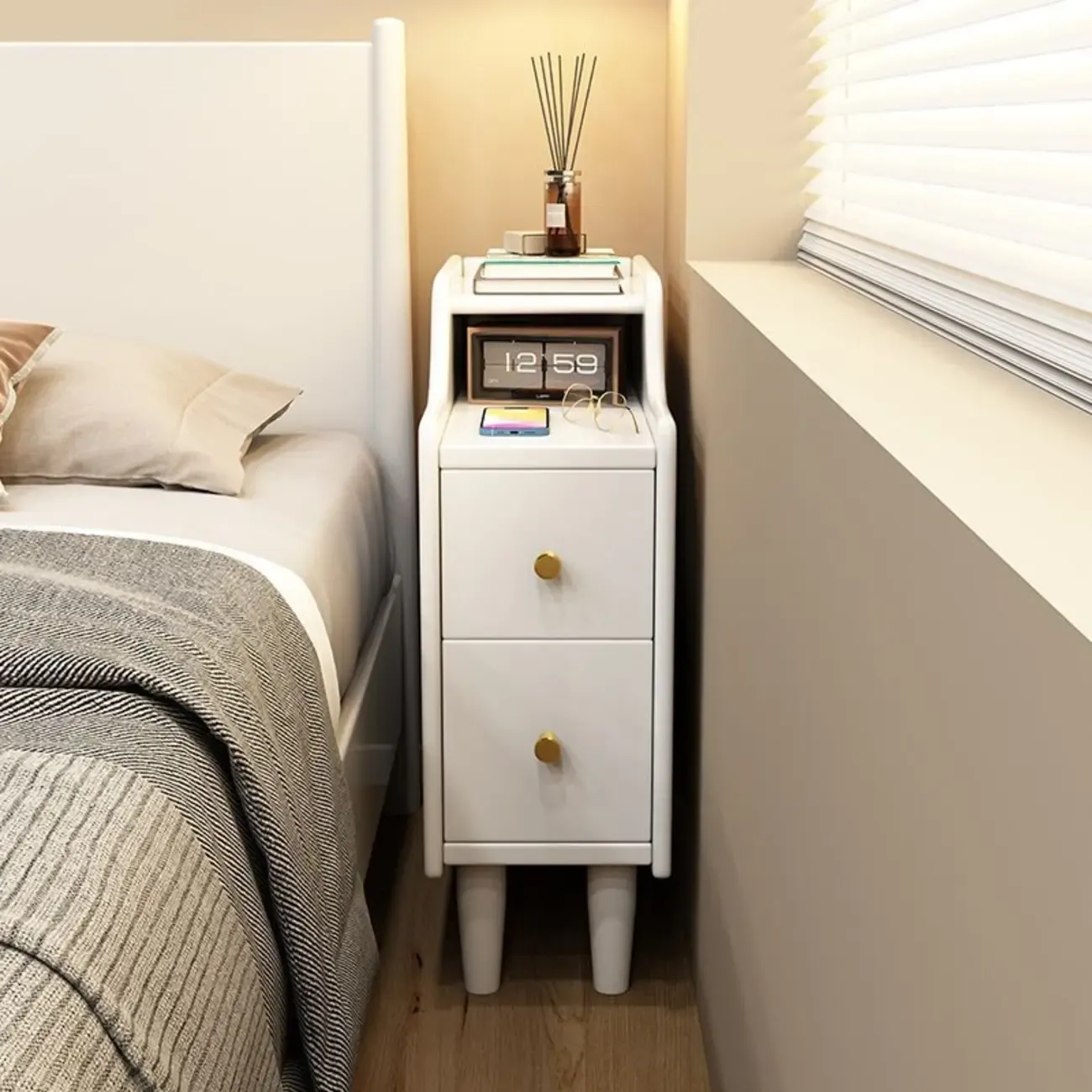 Narrow Wood 2 Drawers Nightstand in Natural Finish