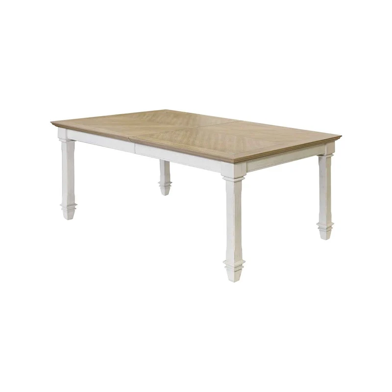 Large Extendable Dining Table, Traditional Wood, Cream Finish with Patterned Top, Seats 6-8