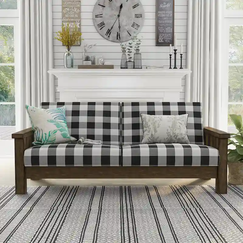 Rustic Oak Plaid Fabric Sofa - Seats 3