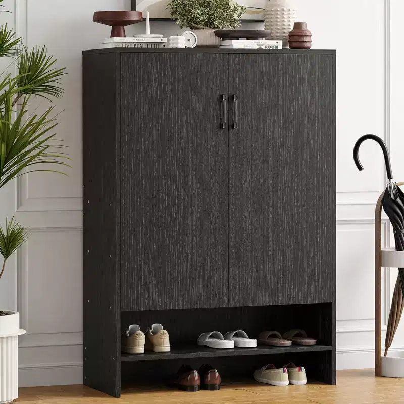 Okak Mid-Century Narrow Wooden Shoe Cabinet Side Board with Doors,7 Tier Freestanding Shoe Rack for Corridors, Entrances