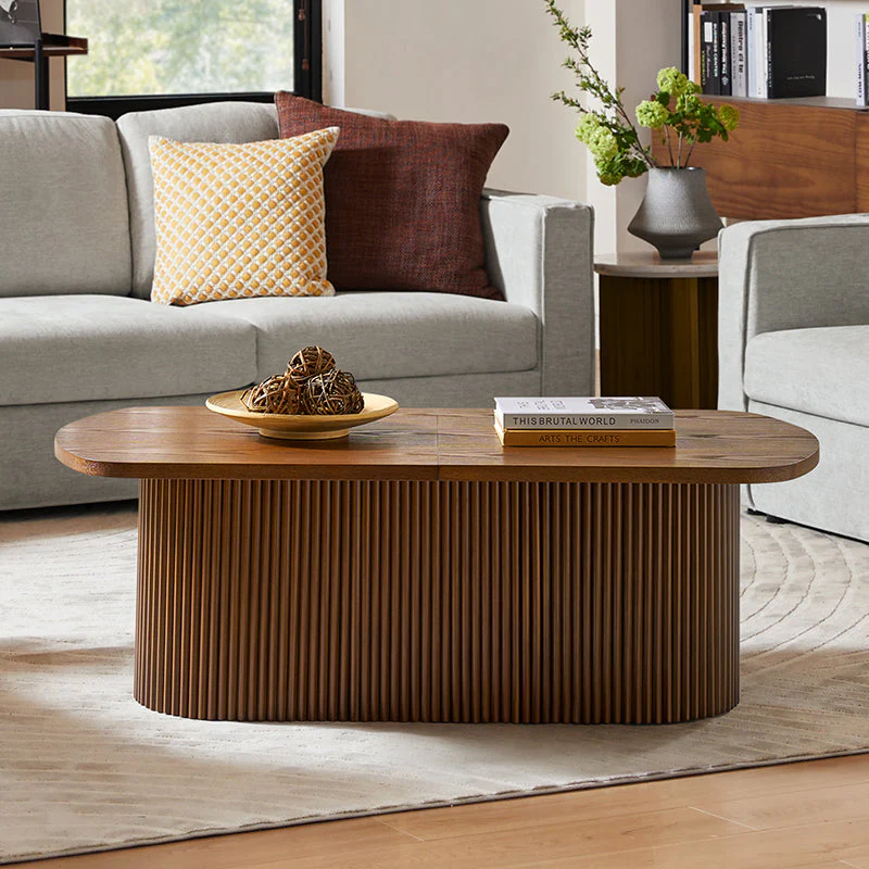 Oval Coffee Table with Lift-Top Hidden Storage & Slatted Wood Detail | Walnut / Black | Single