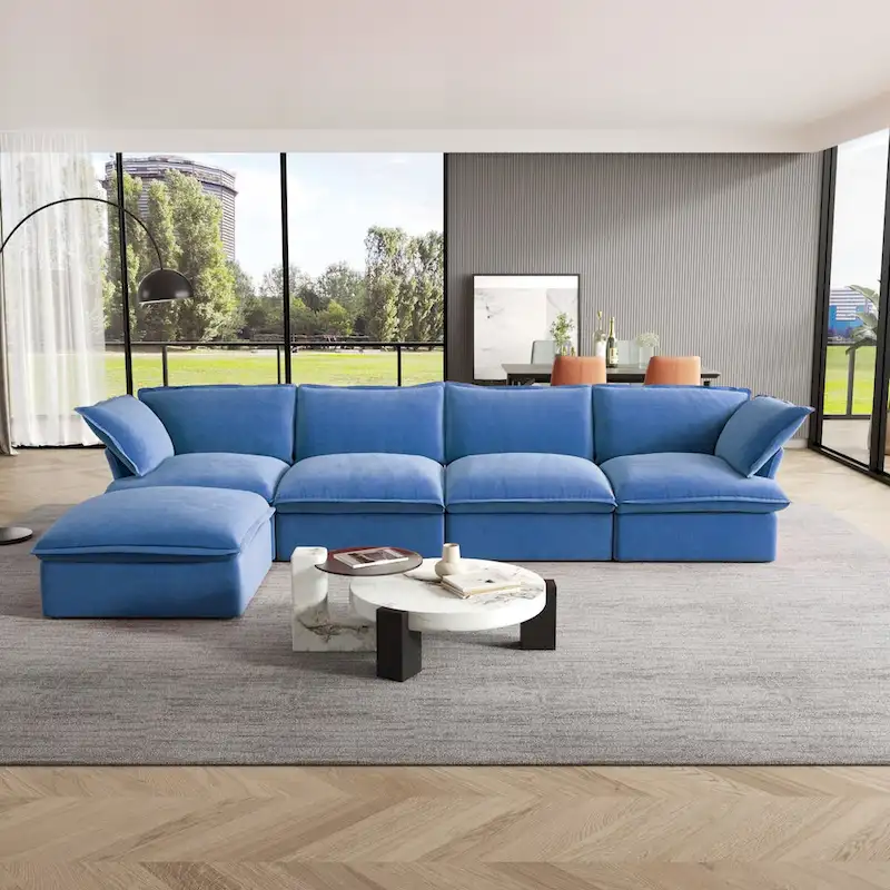 Cloud Sectional Sofa, 5-Seater Down Feather Modular Sofa L-shaped Velvet Wide Deep Seat Convertible Couch.