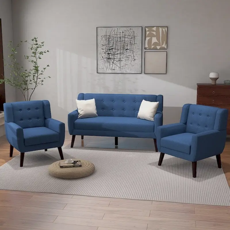 Tufted Linen/Cotton Loveseat with 2 Accent Chairs