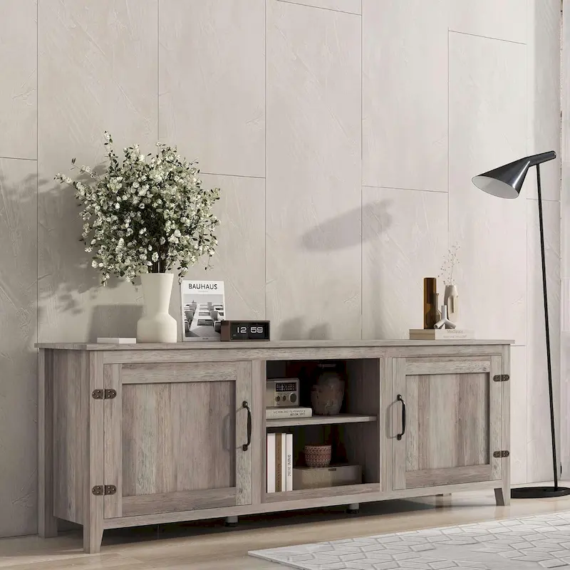 Walnut TV Stand with Doors & Open Shelves – Industrial Style, Family Use
