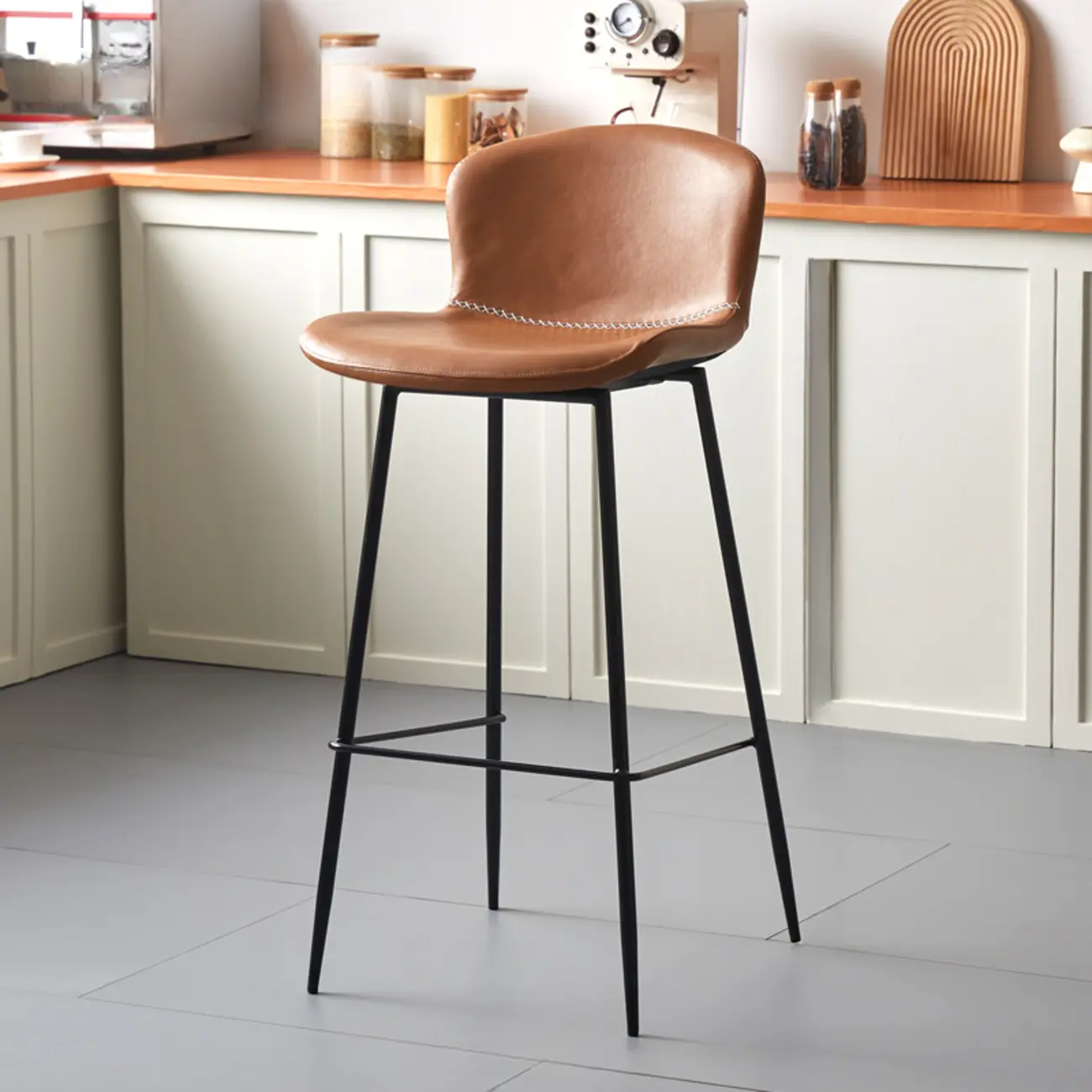 Modern Metal Frame Leather Cushion Low Back Bar Stool