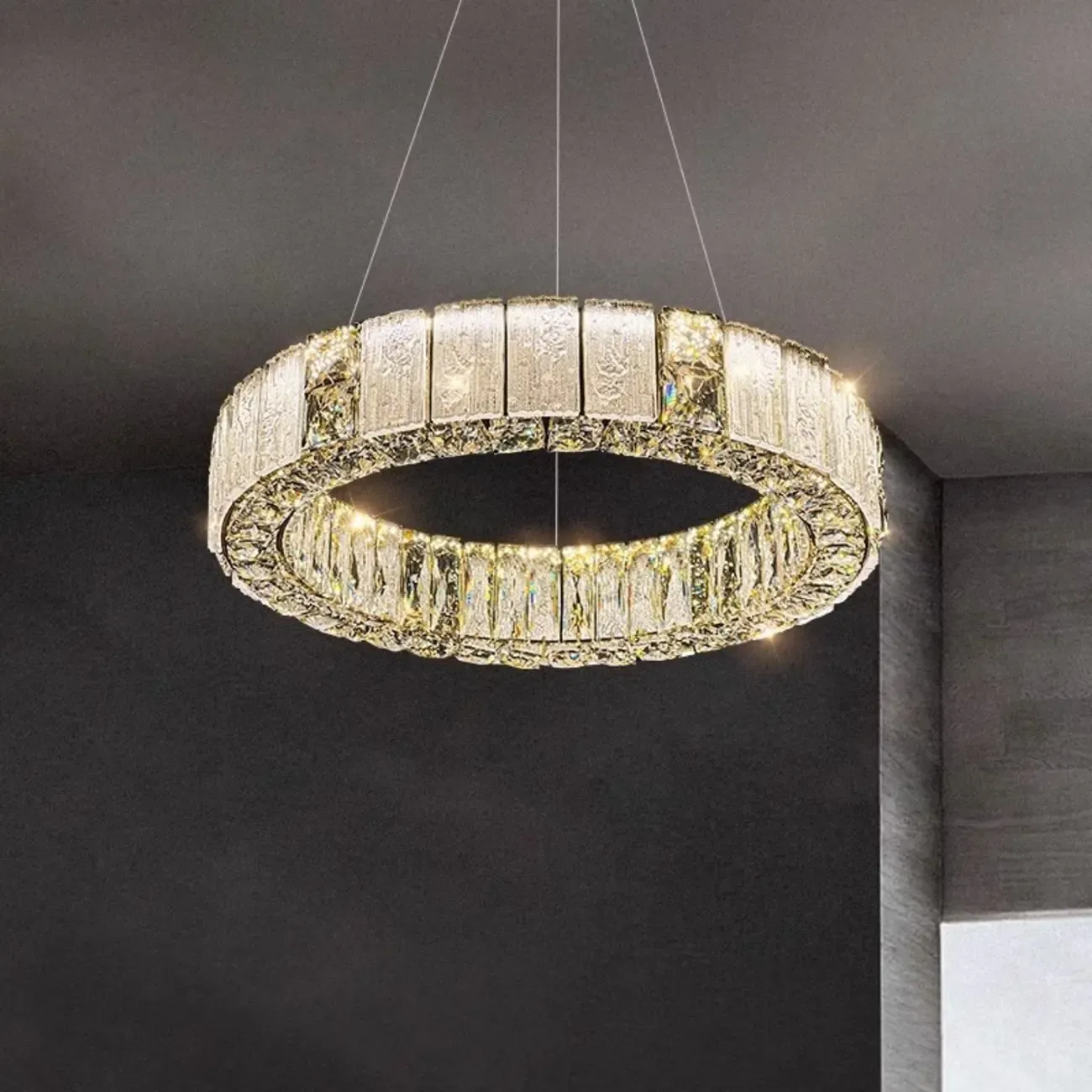 Gold Circular Crystal Linear Modern Chandelier Light