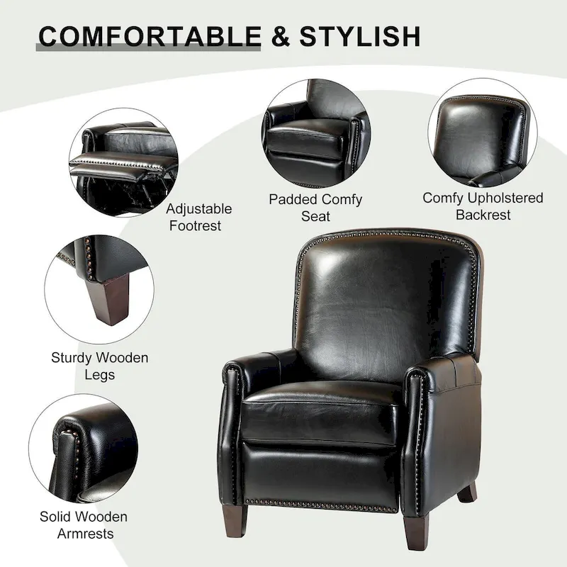 Modern Retro Genuine Leather Recliner with Nailhead Trim & Wooden Frame