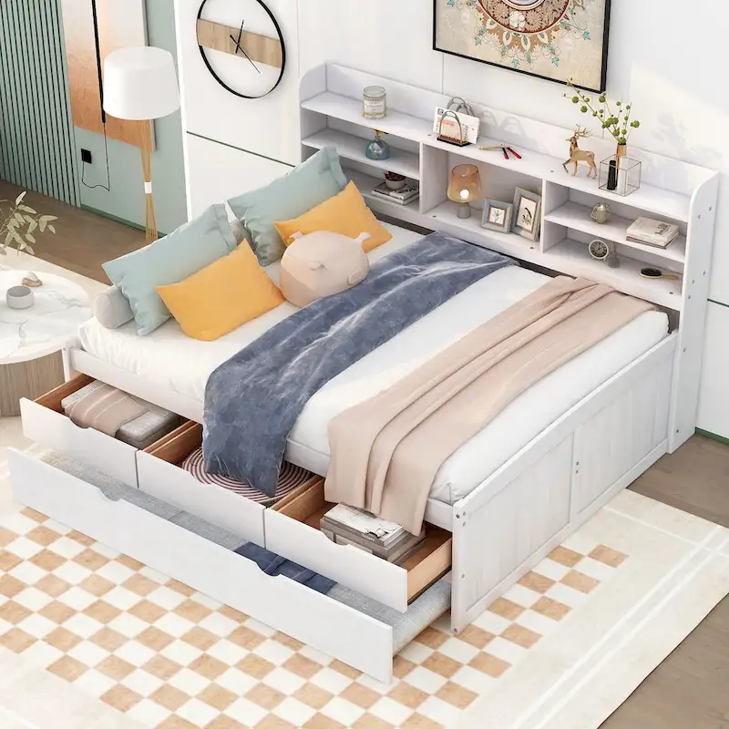 Full Size Captain Bed with Bookshelf Headboard, 3 Drawers & Trundle – White/Light Grey/Antique Gray – Sleeps 2