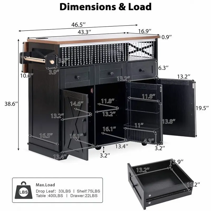 Farmhouse 46.5 Kitchen Island with Power Outlet, Rolling Kitchen Cart on Wheels with Drop Leaf
