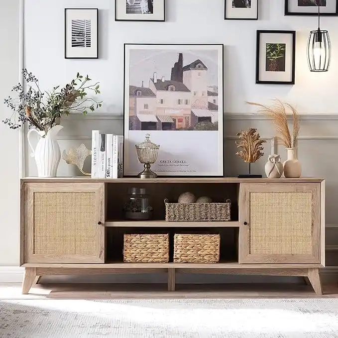 Cherry/White/Natural Oak Mid-Century Rattan TV Stand, Fits up to 75
