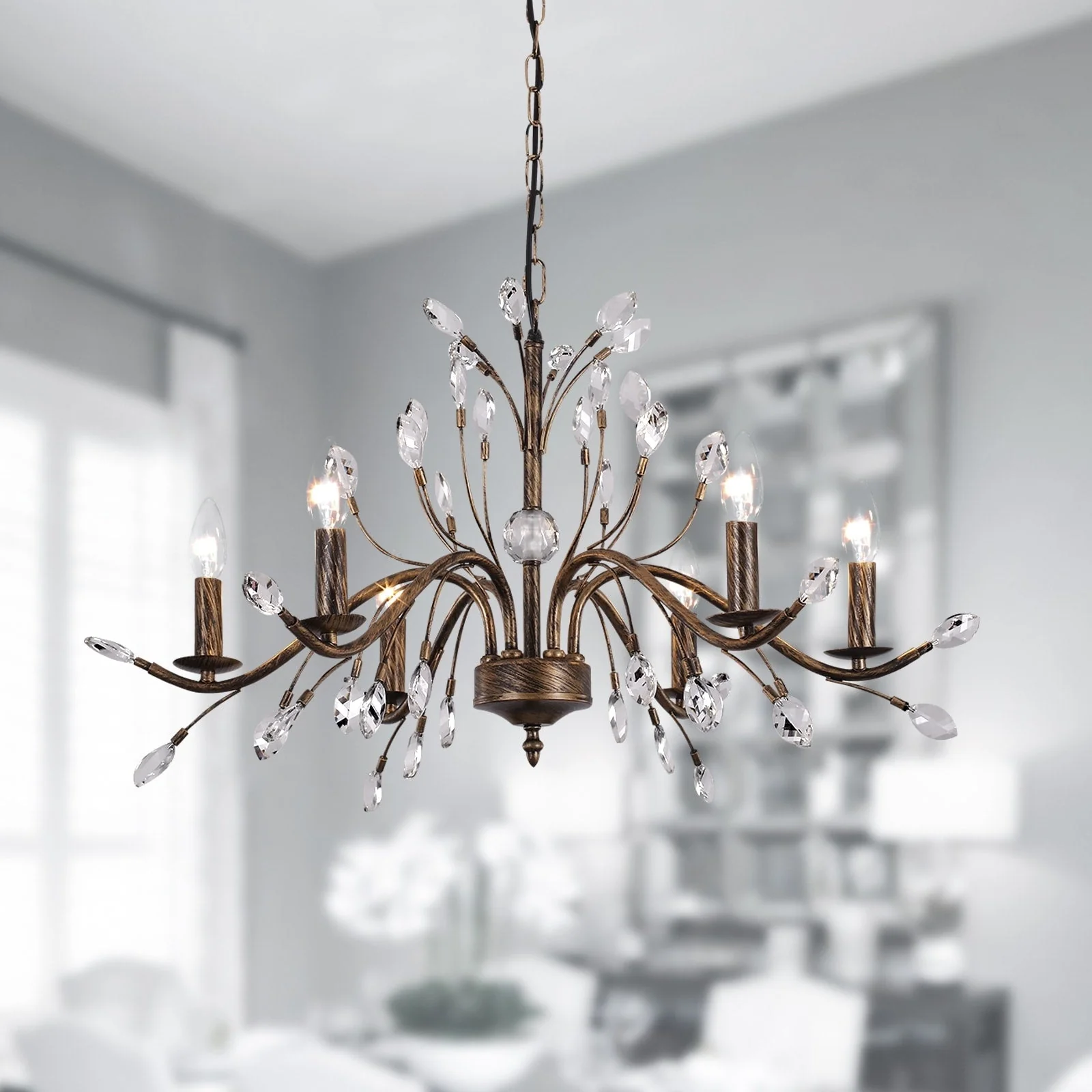 Farmhouse Retro Tree Branch Crystal Chandelier Candle-Style Pendant Light