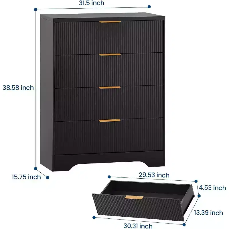55 White Wave Panel 4-Drawer Dresser, Tall Storage Cabinet with Wood Tone Finish, Multi-Functional Organizer for Nursery Hallway Living Room