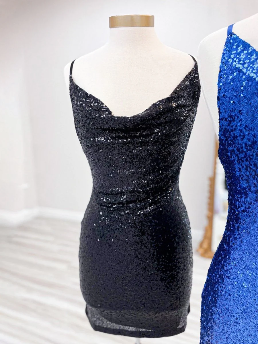 Black - Spaghetti Straps Sequins Sheath Short Homecoming Dress
