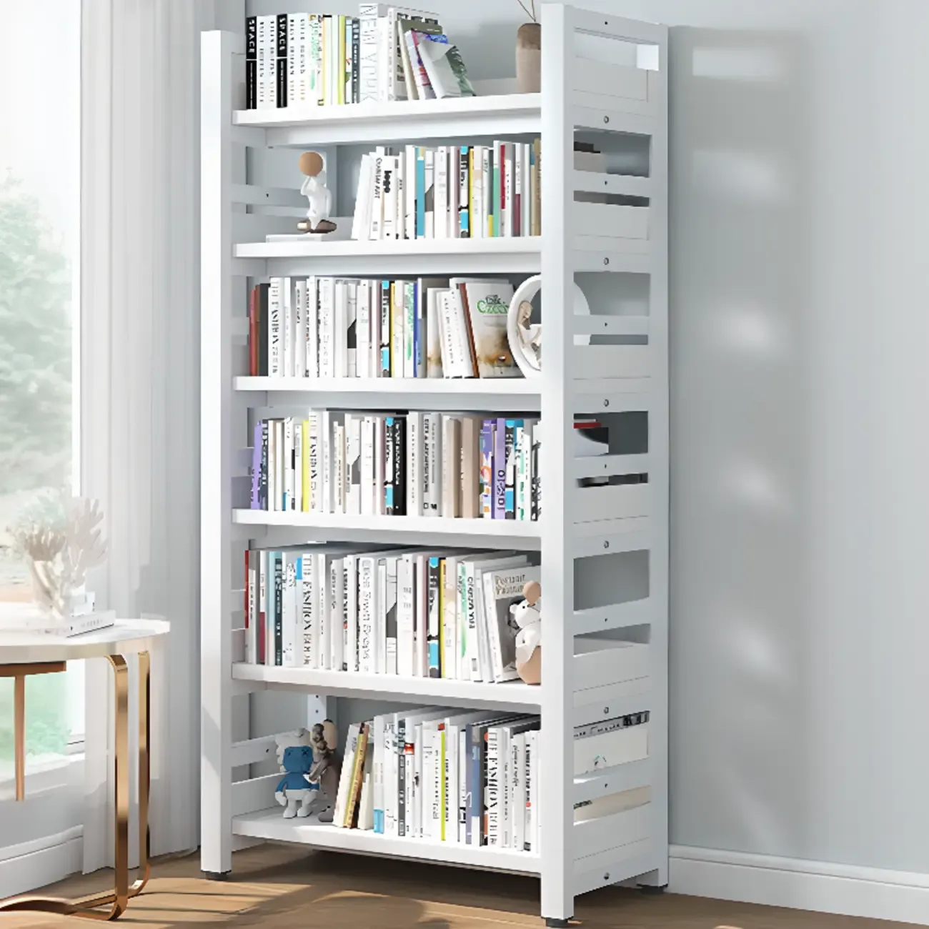 Freestanding Simple Multi-Layer Wood Bookshelf in Steel Frame