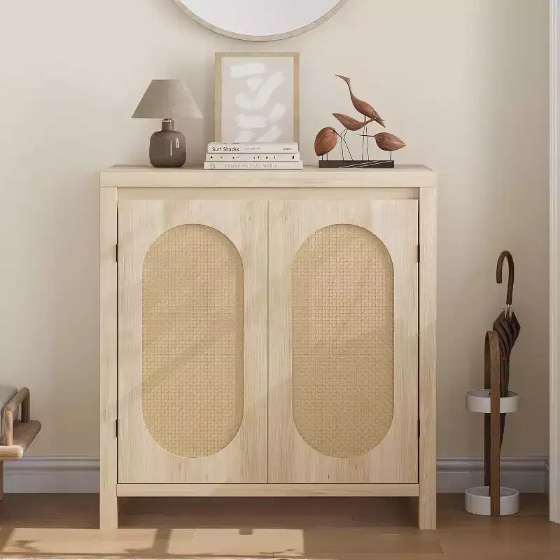 30.1in Mid-Century Modern Coffee Bar Cabinet, Buffet Sideboard with Rattan Doors, Kitchen Storage Table for Dining Room & Entryway