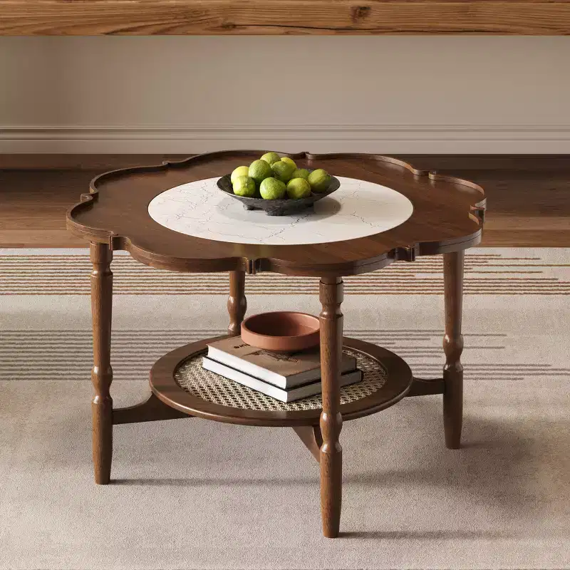 Zeus & Ruta Mid-Century 2-Tiered Coffee Table with White Crackle Glass Top and Rattan Shelf, Petal Design, Walnut Finish, 31.5''