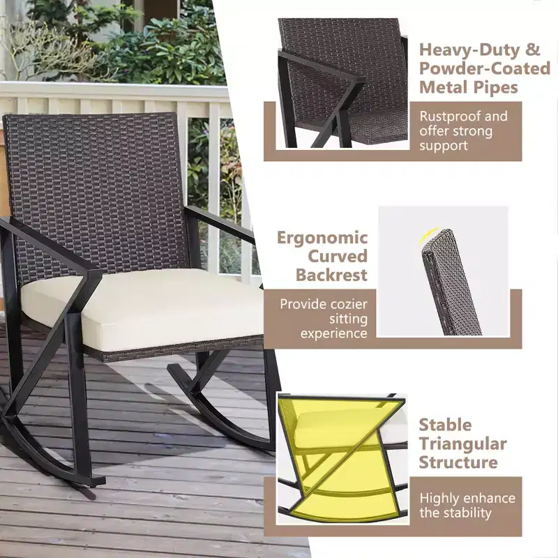 Costway 3PCS Patio Rattan Wicker Rocking Chairs Table Bistro Set Cushioned Rocker Garden