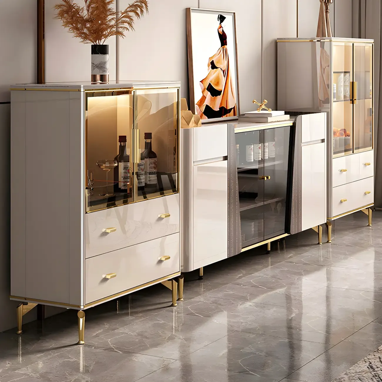 White Wood Gold Legs Adjustable Shelves Display Cabinet