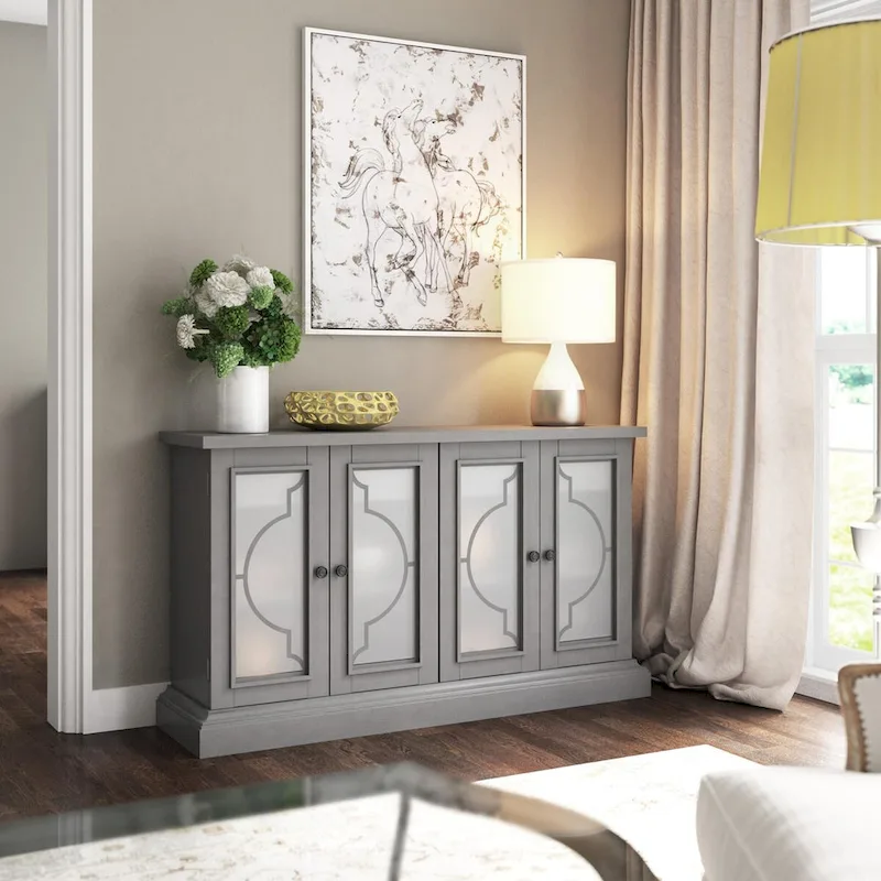 Antique Gray Sideboard with Frosted Glass Doors – Storage Cabinet