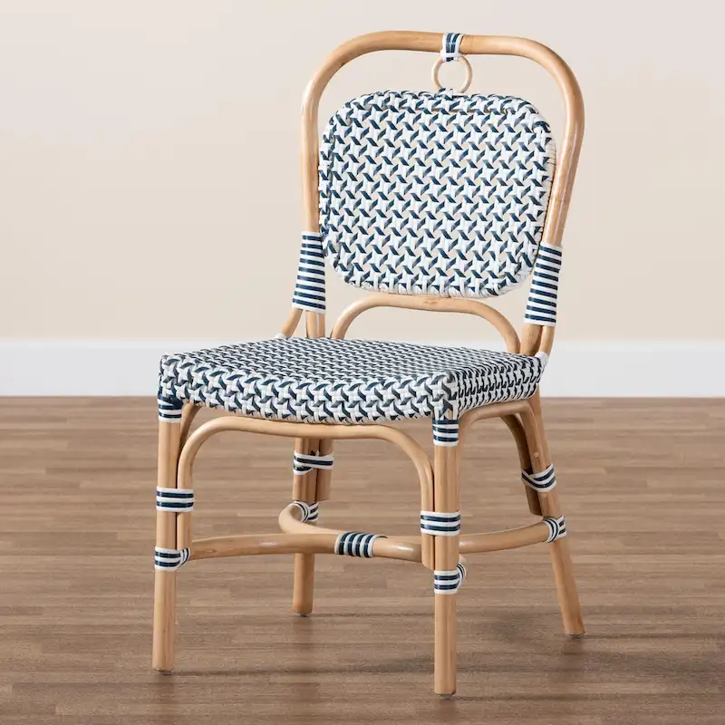 Luciana Modern French Blue and White Weaving Natural Rattan Bistro Chair