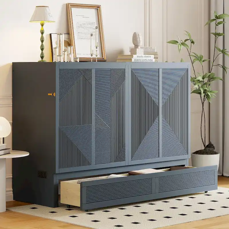 Foldable Murphy Cabinet Bed with Drawer and USB Ports – Grey / White, Full / Queen, 1–2 Person