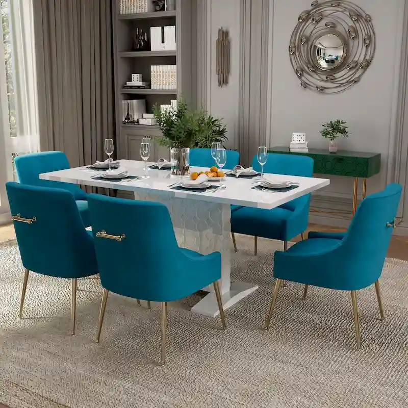 7-Piece Clihome High-gloss Extendable Table Velvet Chair Dining Set