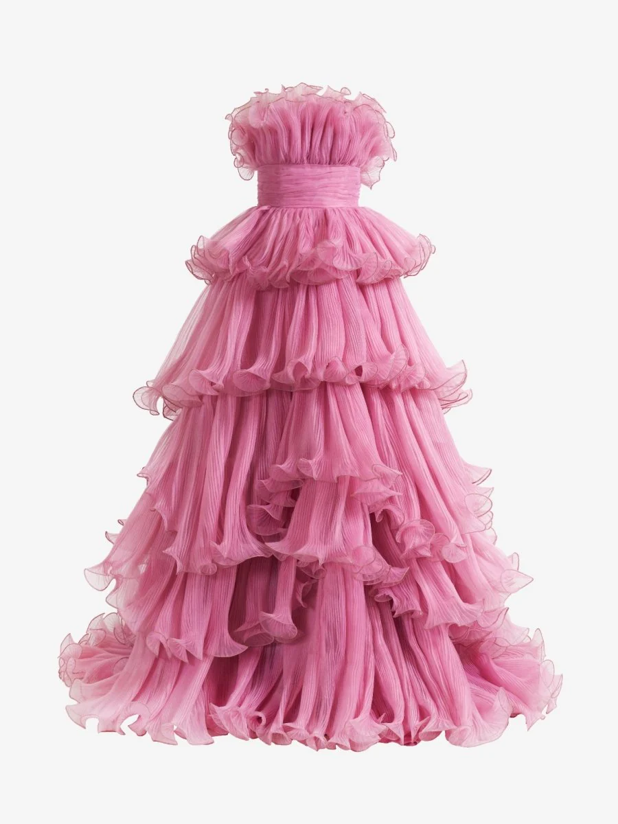 Strapless A-Line Tiered Crinkled Tulle Prom Dress