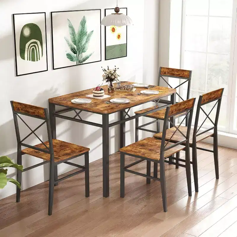 Zevemomo 5-Piece Dining Table Set, Dining Table Set for 4, , with 4 Curved Backrest Chairs, Compact Dining Set for Small Spaces & Kitchen-Brown