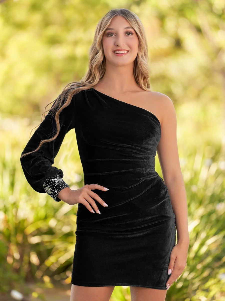 Navy Blue Sheath One-Shoulder Long Sleeve Homecoming Dress